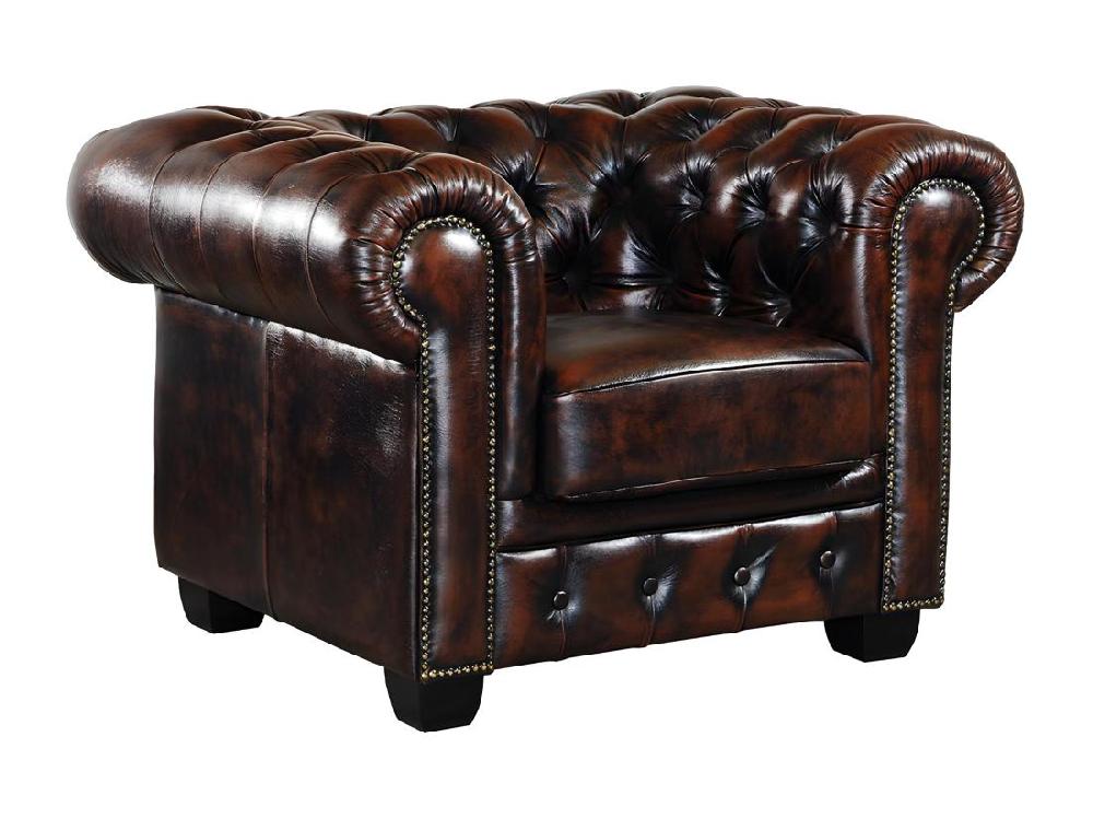 Vente Unique Fauteuil Chesterfield BRENTON 100% Cuir De Buffle - Marron Reflets Châtains