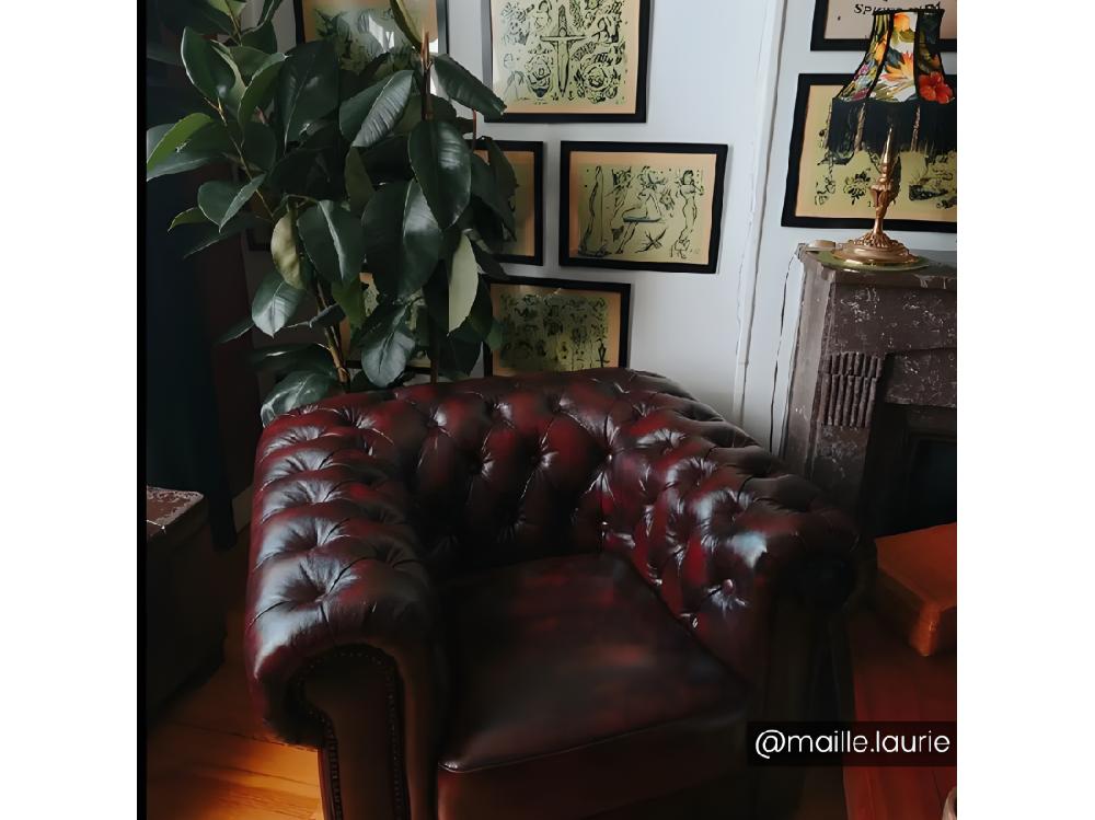 Vente Unique Fauteuil Chesterfield BRENTON 100% Cuir De Buffle - Marron Reflets Châtains