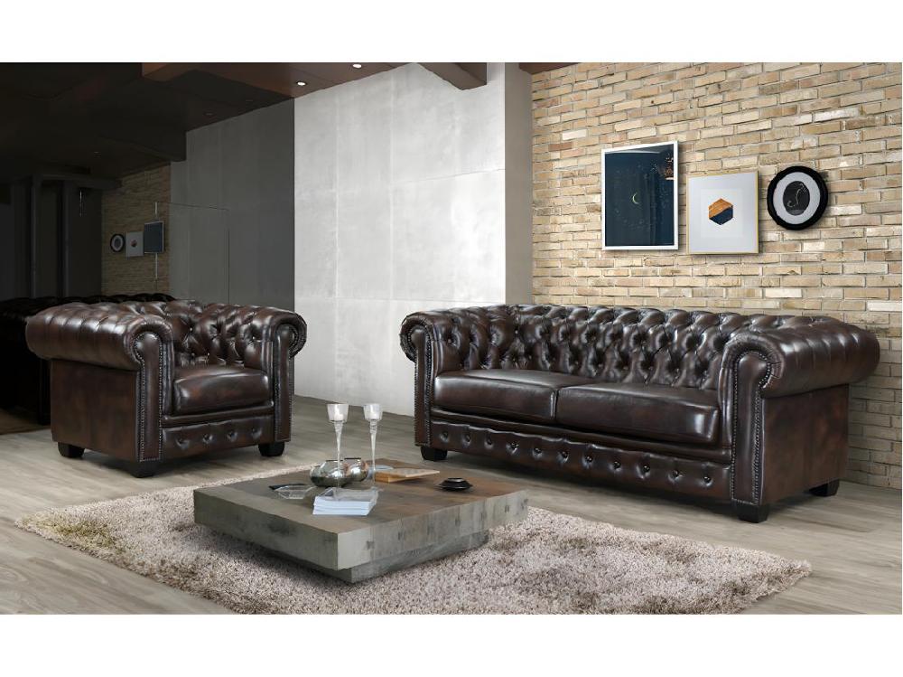 vente unique Fauteuil chesterfield BRENTON 100% cuir de buffle - Marron reflets châtains