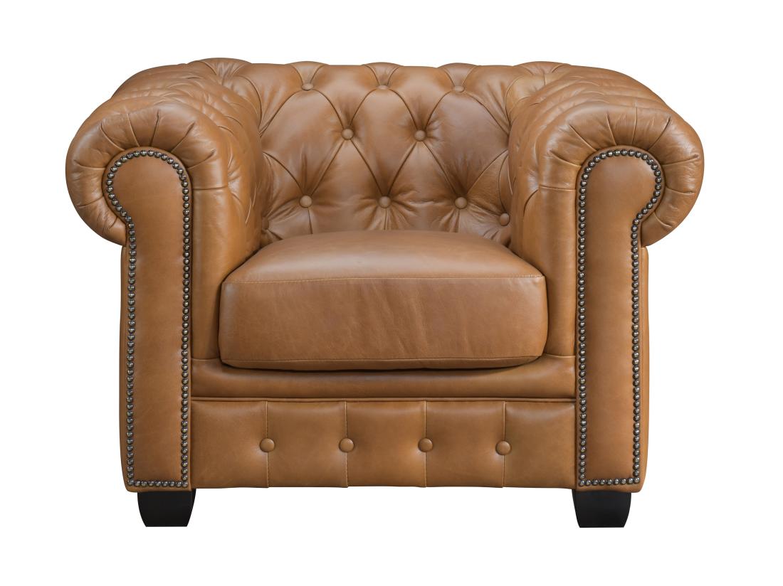 Vente Unique Fauteuil Chesterfield BRENTON 100% Cuir De Buffle Premium - Caramel Vintage