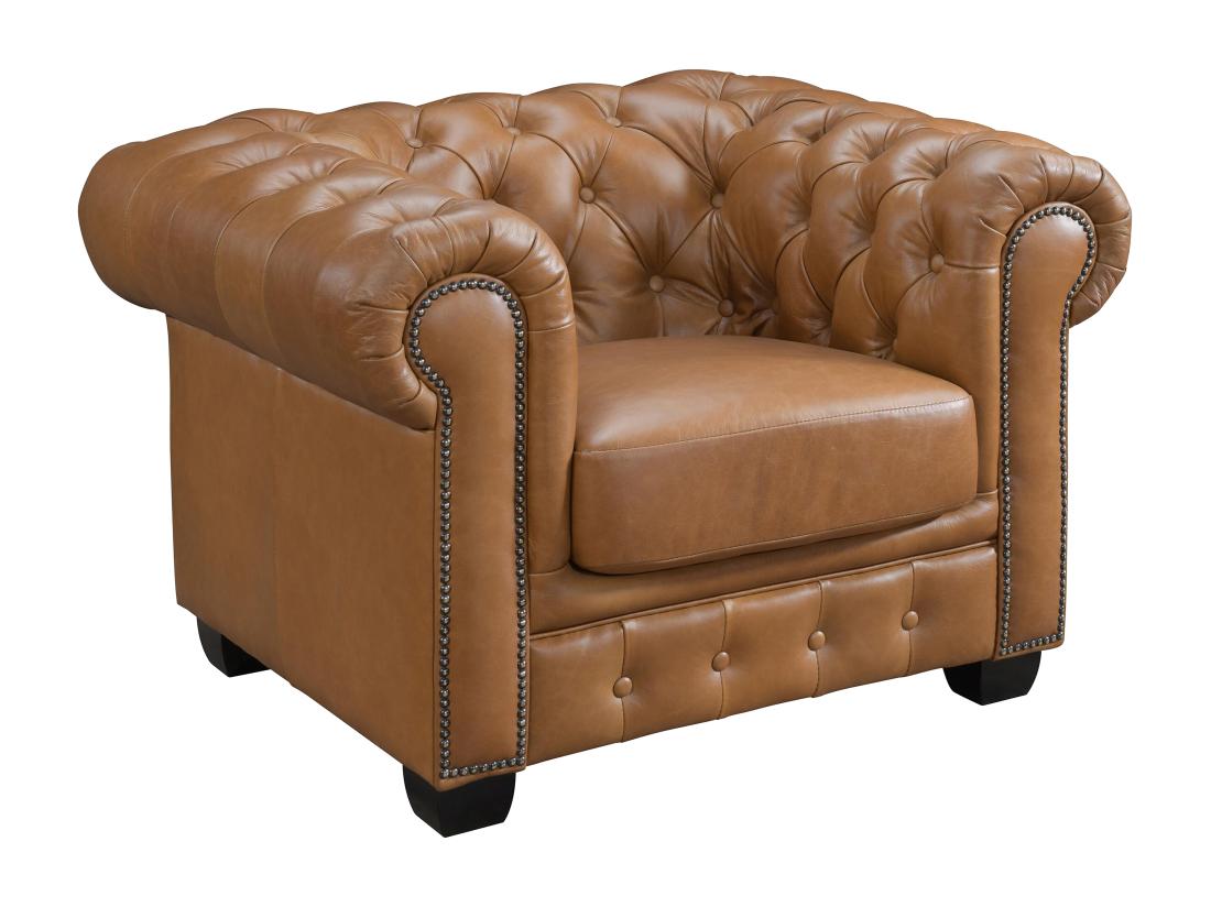 Vente Unique Fauteuil Chesterfield BRENTON 100% Cuir De Buffle Premium - Caramel Vintage