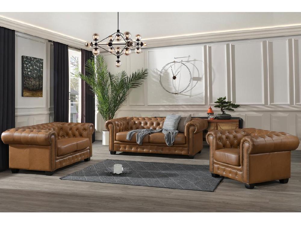 vente unique Fauteuil chesterfield BRENTON 100% cuir de buffle premium - Caramel vintage