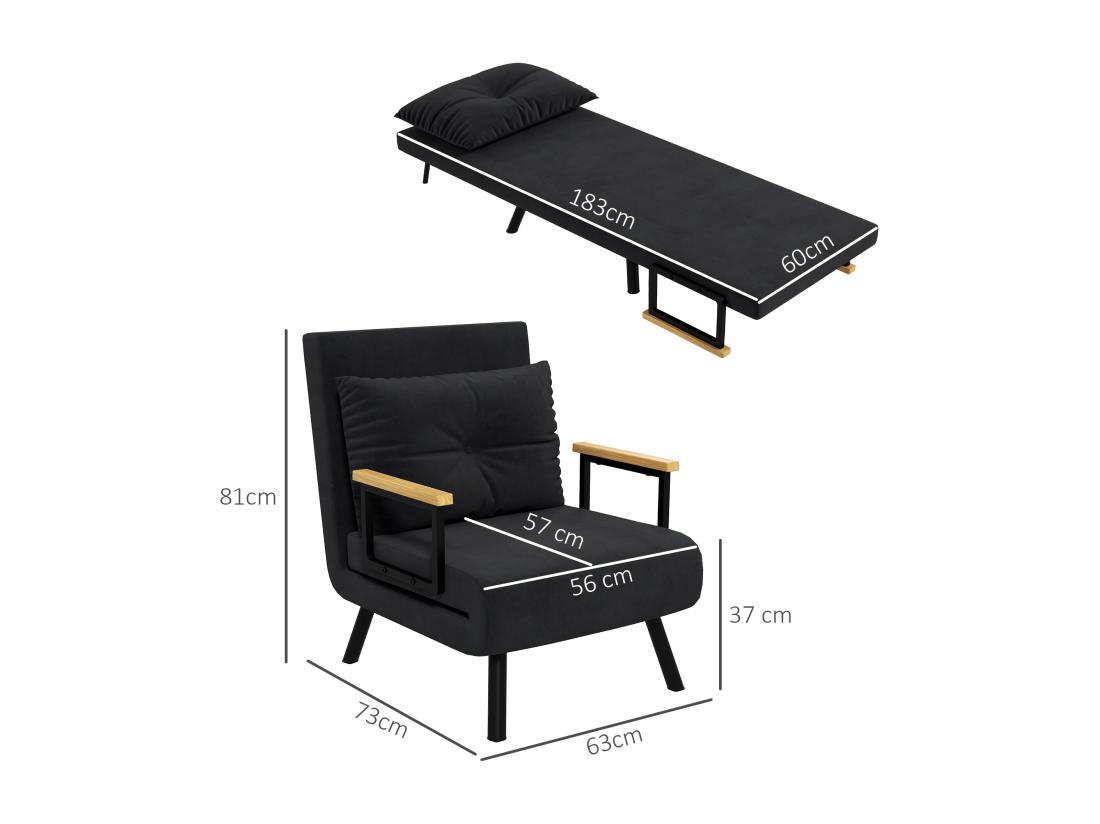 Vente Unique Fauteuil Convertible 3 En 1 Chauffeuse Lit Dossier Réglable Coussin Accoudoirs Bois Velours Noir