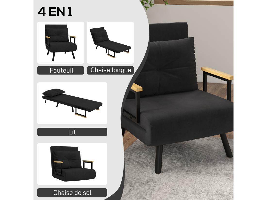 Vente Unique Fauteuil Convertible 3 En 1 Chauffeuse Lit Dossier Réglable Coussin Accoudoirs Bois Velours Noir