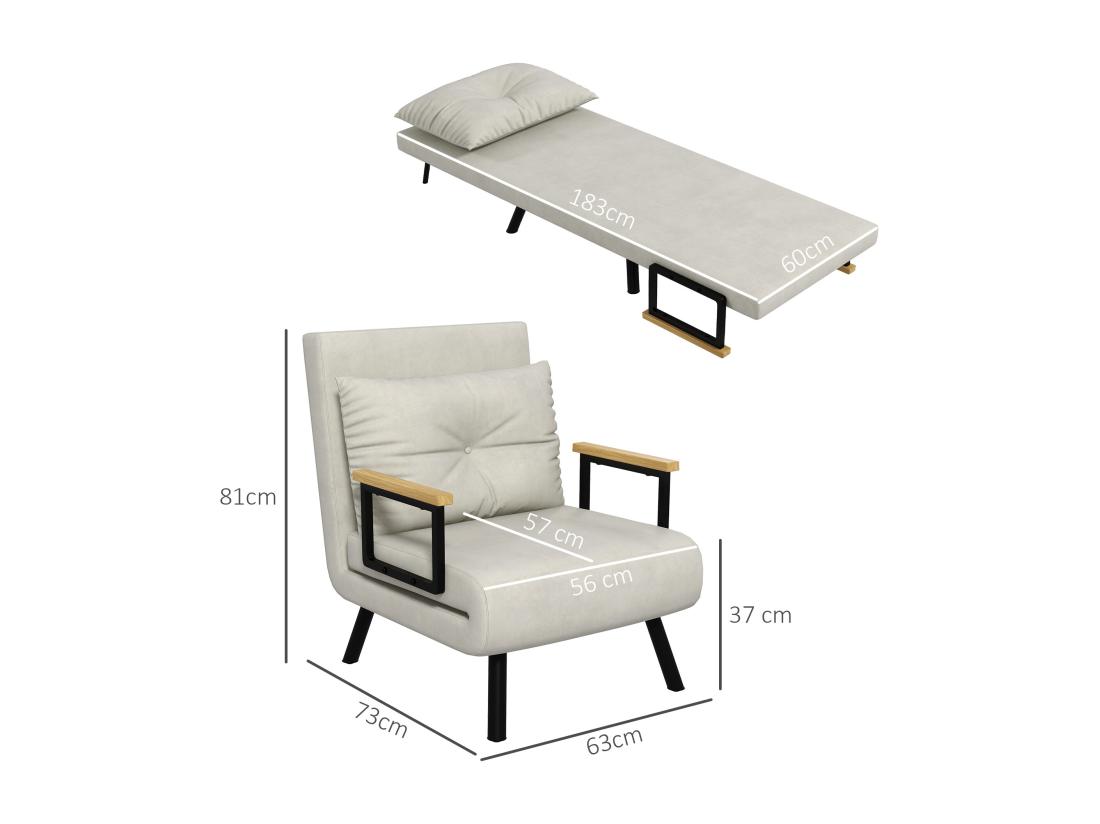 Vente Unique Fauteuil Convertible 3 En 1 Chauffeuse Lit Dossier Réglable Coussin Accoudoirs Bois Velours Crème