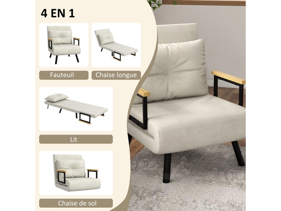 Vente Unique Fauteuil Convertible 3 En 1 Chauffeuse Lit Dossier Réglable Coussin Accoudoirs Bois Velours Crème