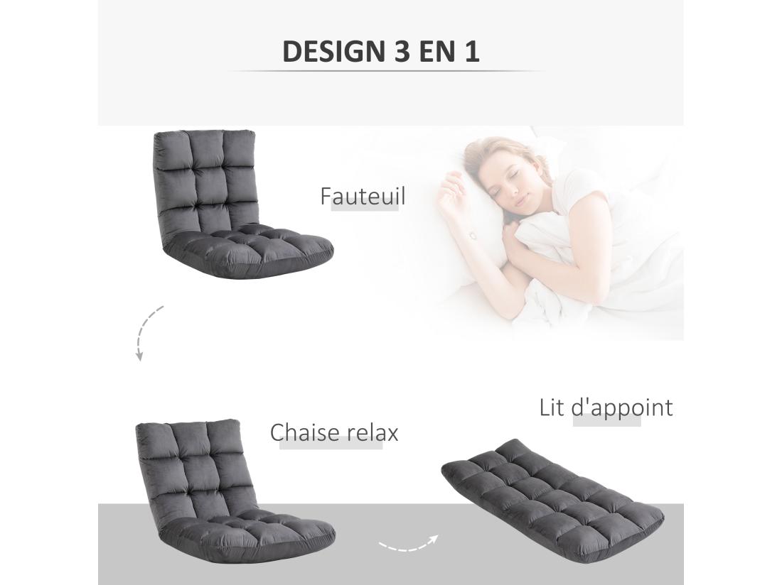 Vente Unique Fauteuil Convertible Fauteuil Paresseux Grand Confort Inclinaison Dossier Multipositions 90°-180° Flanelle Polyester Capitonné Gris Foncé