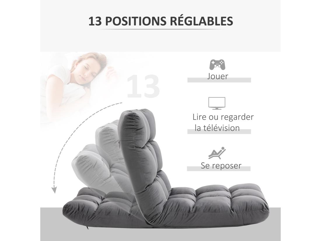 Vente Unique Fauteuil Convertible Fauteuil Paresseux Grand Confort Inclinaison Dossier Multipositions 90°-180° Flanelle Polyester Capitonné Gris Foncé