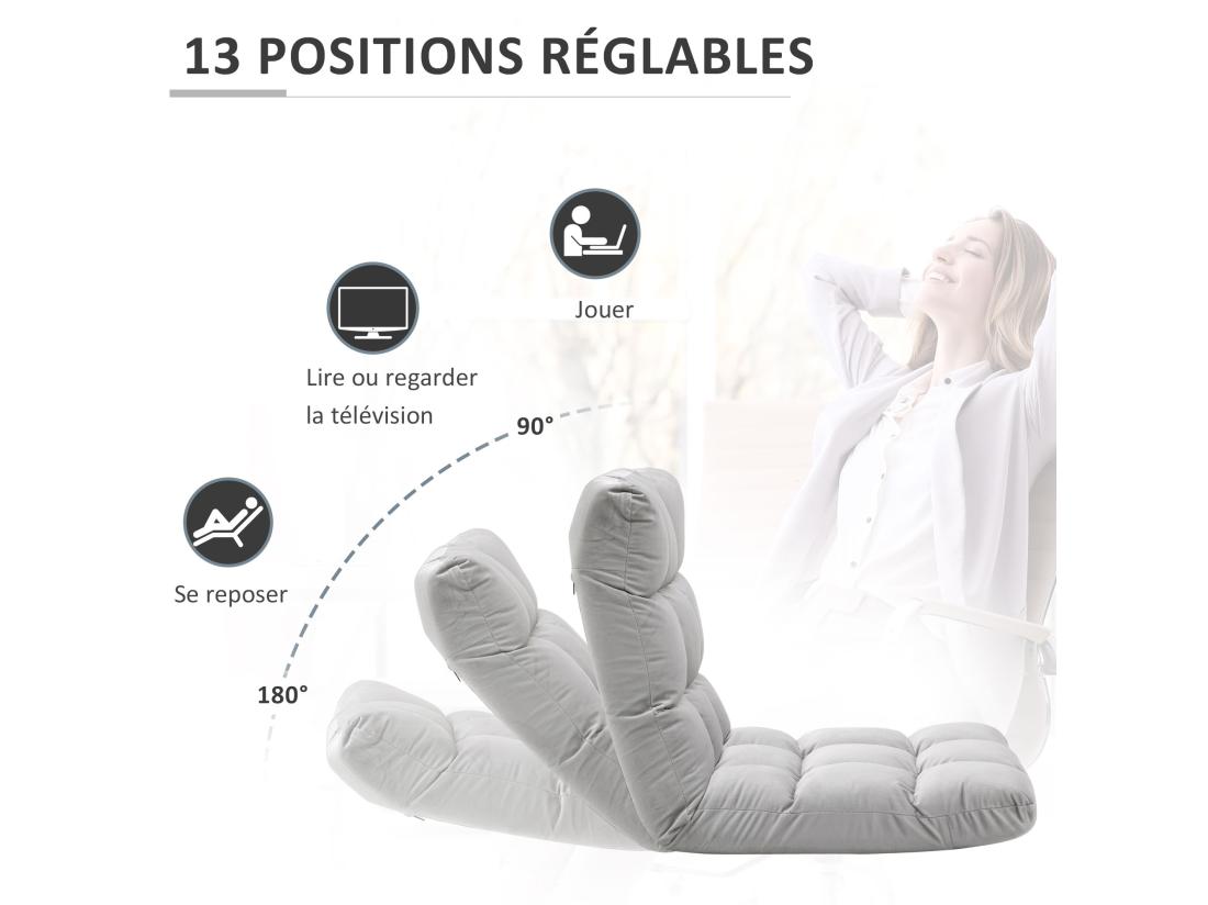 Vente Unique Fauteuil Convertible Fauteuil Paresseux Grand Confort Inclinaison Dossier Multipositions 90°-180° Flanelle Polyester Capitonné Gris Clair