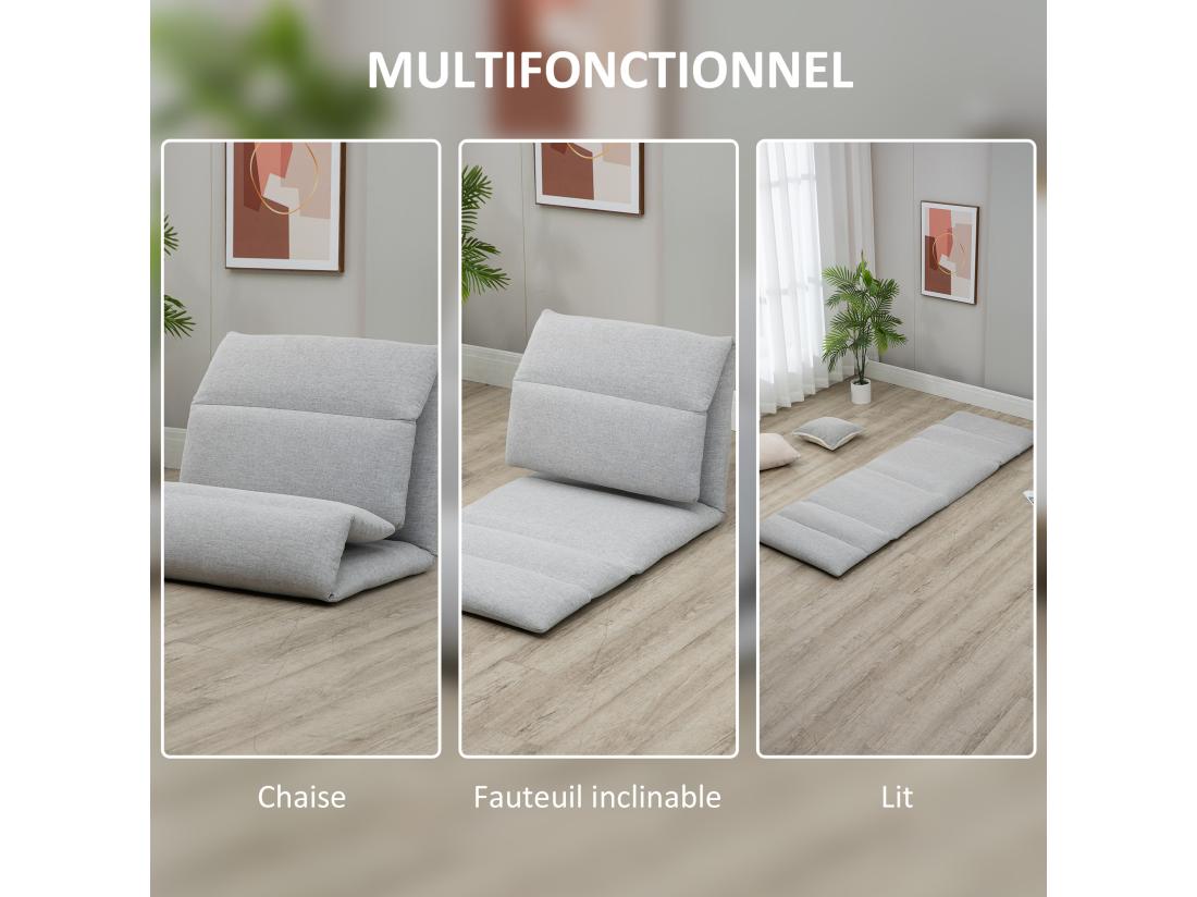 Vente Unique Fauteuil Convertible Fauteuil Paresseux Grand Confort Inclinaison Dossier Multipositions 90°-180° Acier Tissu Gris Clair