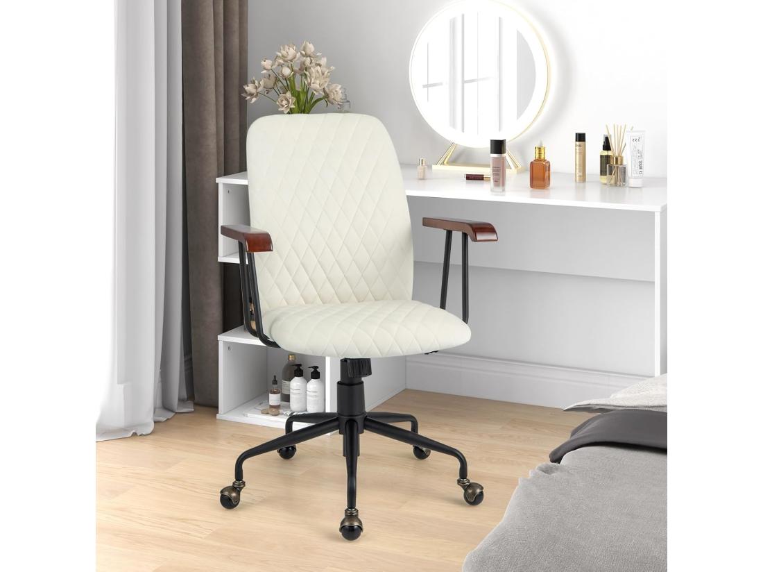 Vente Unique Fauteuil De Bureau à Roulette En Velours Chaise Pivotante Réglable Style Vintage Elégant Accoudoirs En Bois De Caoutchouc (Beige)
