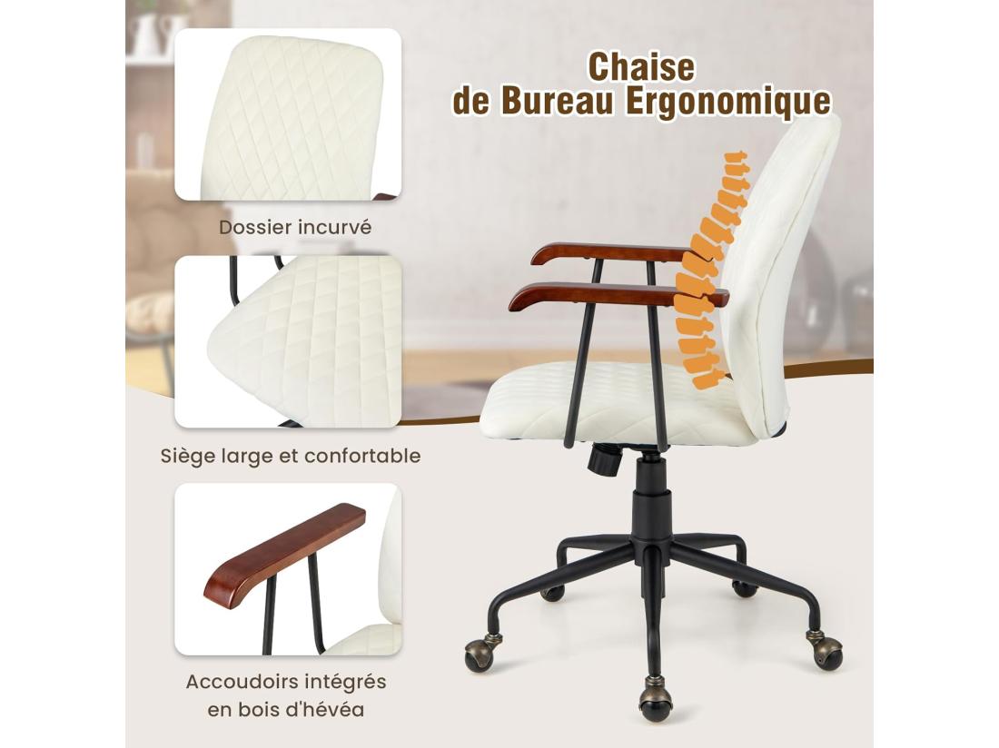 Vente Unique Fauteuil De Bureau à Roulette En Velours Chaise Pivotante Réglable Style Vintage Elégant Accoudoirs En Bois De Caoutchouc (Beige)