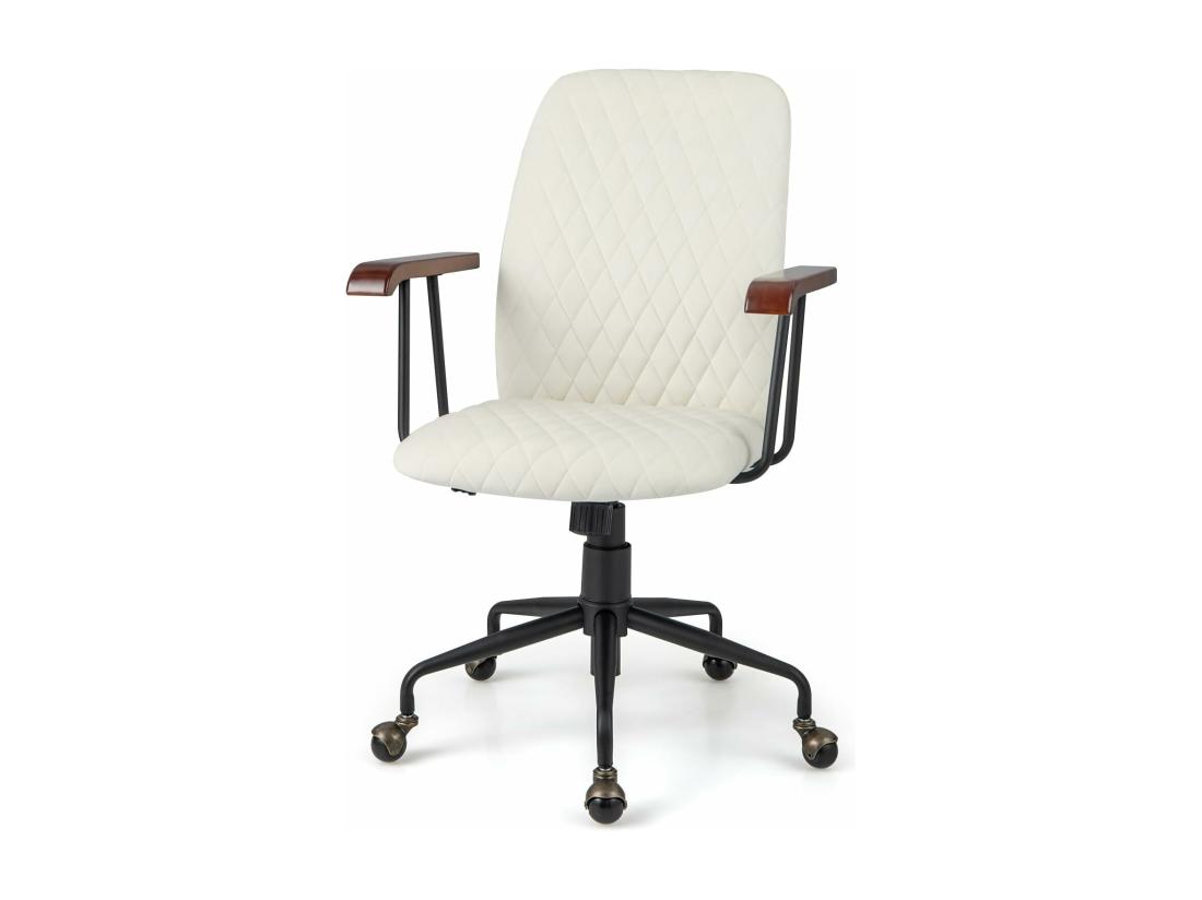 vente unique Fauteuil de Bureau à Roulette en Velours Chaise Pivotante Réglable Style Vintage Elégant Accoudoirs en Bois de Caoutchouc (Beige)