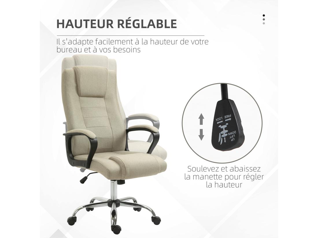 Vente Unique Fauteuil De Bureau à Roulettes Chaise Manager Ergonomique Pivotante Hauteur Réglable Lin Beige