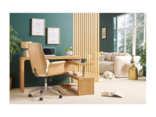 Vente Unique Fauteuil De Bureau à Roulettes Design Blanc Bois Clair Et Acier Chromé ELON
