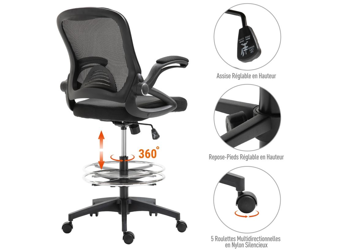 Vente Unique Fauteuil De Bureau Chaise De Bureau Assise Haute Réglable Dim. 64L X 60l X 106-126H Cm Pivotant 360° Maille Respirante Noir