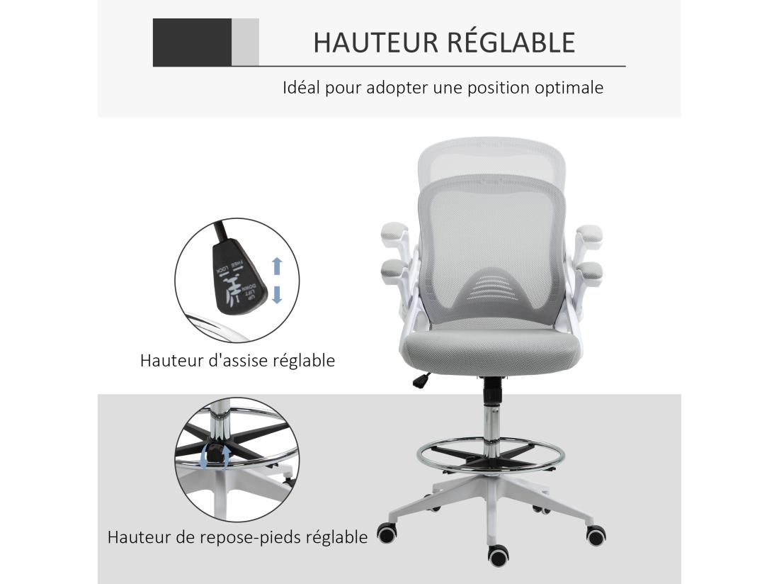 Vente Unique Fauteuil De Bureau Chaise De Bureau Assise Haute Réglable Dim. 64L X 60l X 106-126H Cm Pivotant 360° Maille Respirante Gris