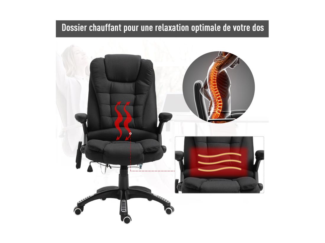 Vente Unique Fauteuil De Bureau Direction Massant Chauffant Hauteur Réglable Dossier Inclinable Toile De Lin Noir