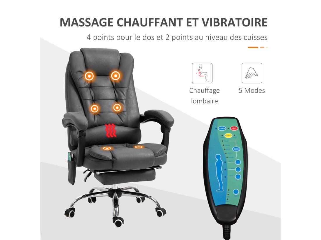 vente unique Fauteuil de bureau direction massant chauffant hauteur réglable dossier inclinable tissu gris