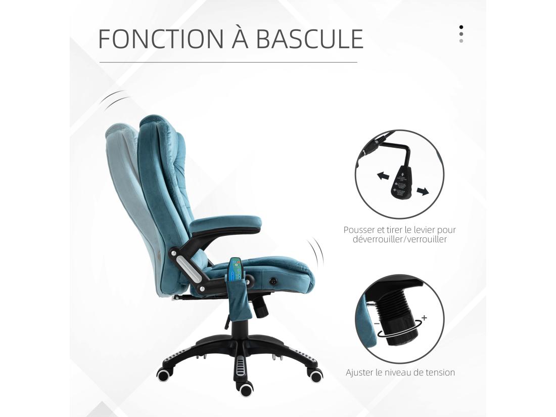 Vente Unique Fauteuil De Bureau Direction Massant Chauffant Hauteur Réglable Dossier Inclinable Toile De Lin Bleu