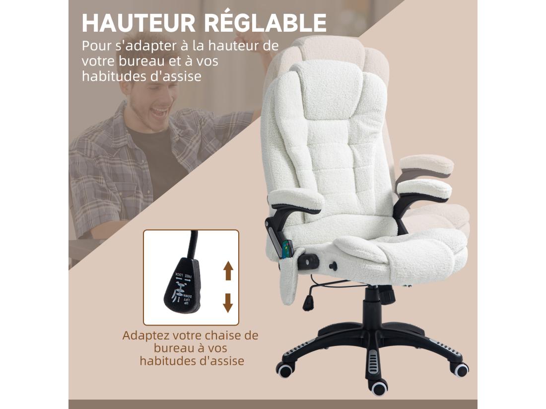 Vente Unique Fauteuil De Bureau Direction Massant Chauffant Hauteur Réglable Dossier Inclinable Effet Laine Bouclée Blanc