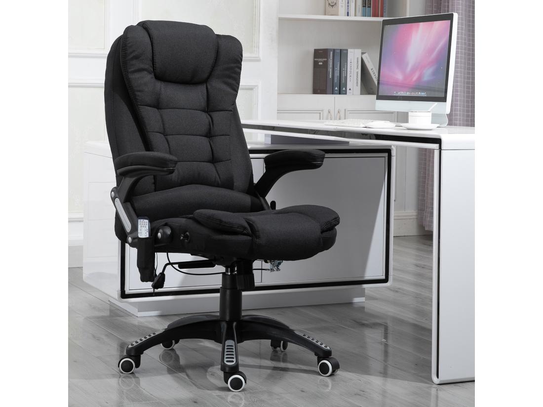 vente unique Fauteuil de bureau direction massant chauffant hauteur réglable dossier inclinable toile de lin noir