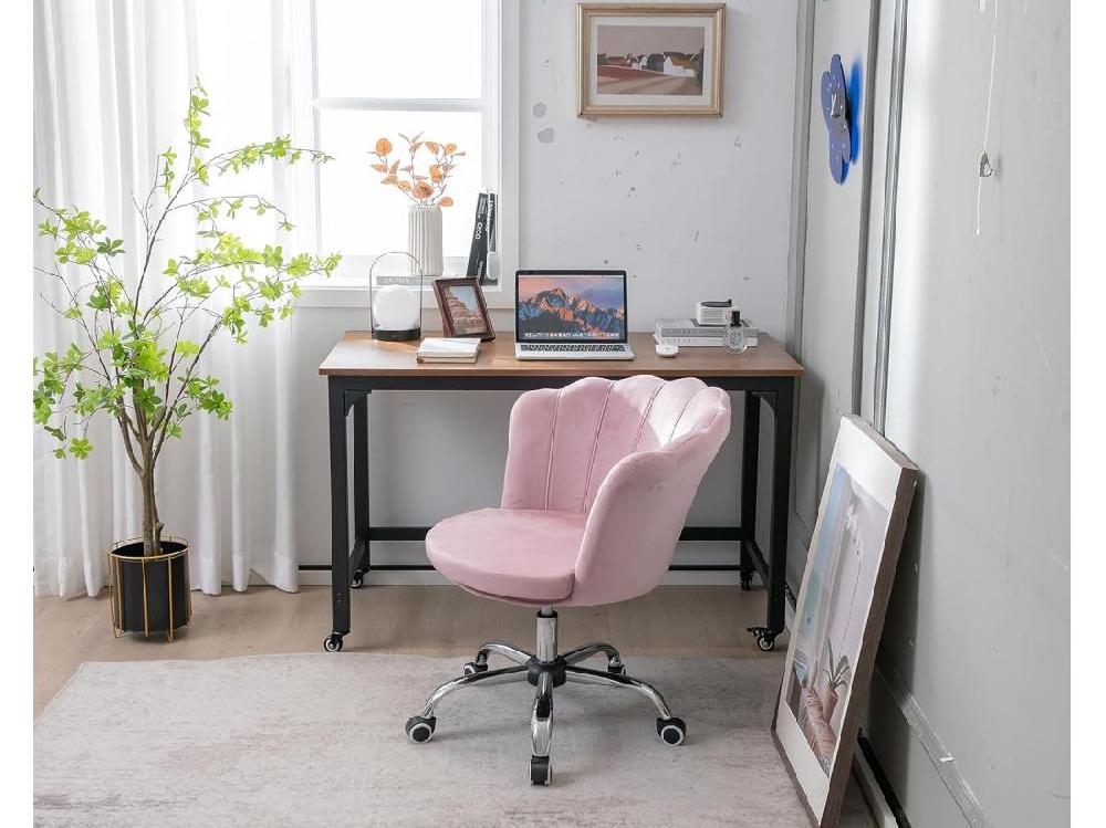 Vente Unique Fauteuil De Bureau En Velours Avec 5 Roues Universelles Chaise De Coiffeuse Avec Hauteur Réglable Chaise Salon Rembourrée Pivotante Forme De Coquillage Pour Salon Chambre Bureau (Rose)