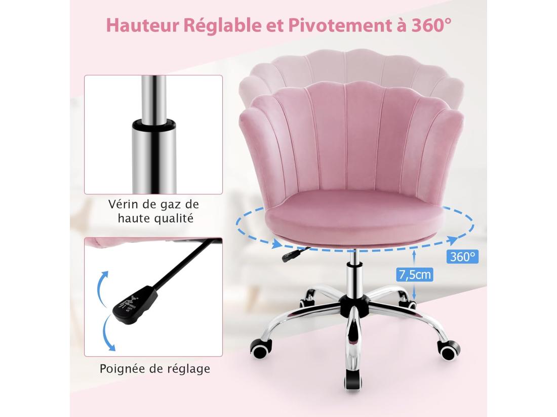 Vente Unique Fauteuil De Bureau En Velours Avec 5 Roues Universelles Chaise De Coiffeuse Avec Hauteur Réglable Chaise Salon Rembourrée Pivotante Forme De Coquillage Pour Salon Chambre Bureau (Rose)