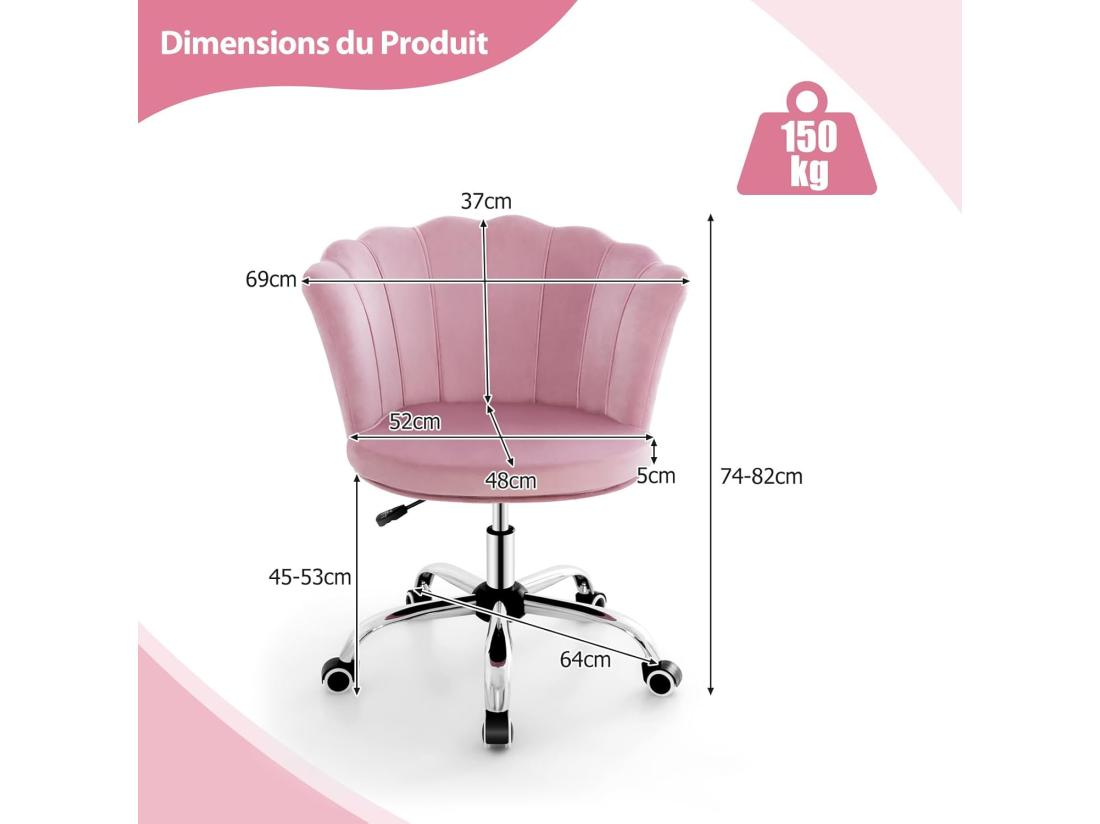 Vente Unique Fauteuil De Bureau En Velours Avec 5 Roues Universelles Chaise De Coiffeuse Avec Hauteur Réglable Chaise Salon Rembourrée Pivotante Forme De Coquillage Pour Salon Chambre Bureau (Rose)