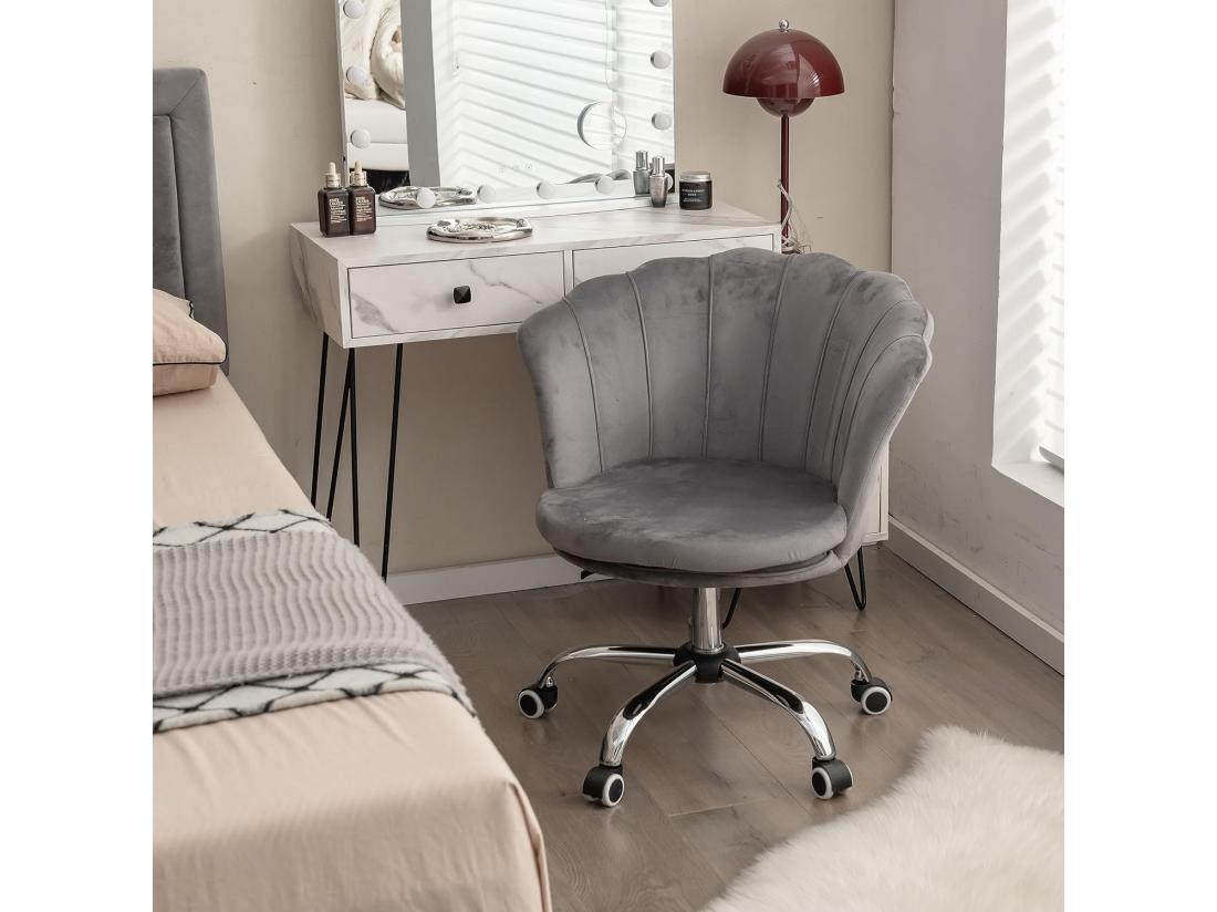 Vente Unique Fauteuil De Bureau En Velours Avec 5 Roues Universelles Chaise De Coiffeuse Avec Hauteur Réglable Chaise Salon Rembourrée Pivotante Forme De Coquillage Pour Salon Chambre Bureau (Gris)