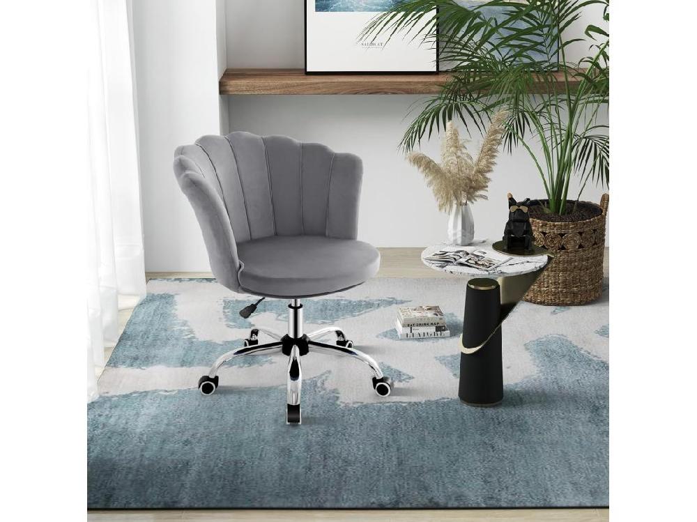 Vente Unique Fauteuil De Bureau En Velours Avec 5 Roues Universelles Chaise De Coiffeuse Avec Hauteur Réglable Chaise Salon Rembourrée Pivotante Forme De Coquillage Pour Salon Chambre Bureau (Gris)