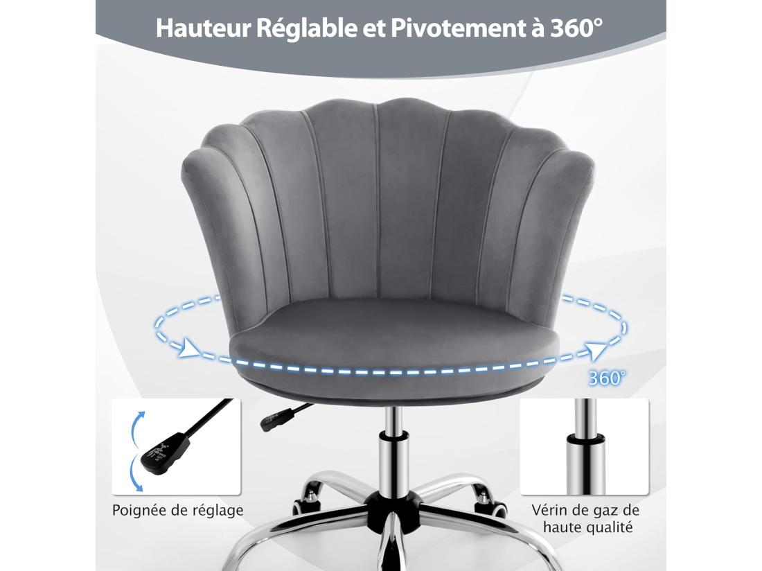 vente unique Fauteuil de Bureau en Velours avec 5 Roues Universelles Chaise de Coiffeuse avec Hauteur Réglable Chaise Salon Rembourrée Pivotante Forme de Coquillage pour Salon Chambre Bureau (Gris)