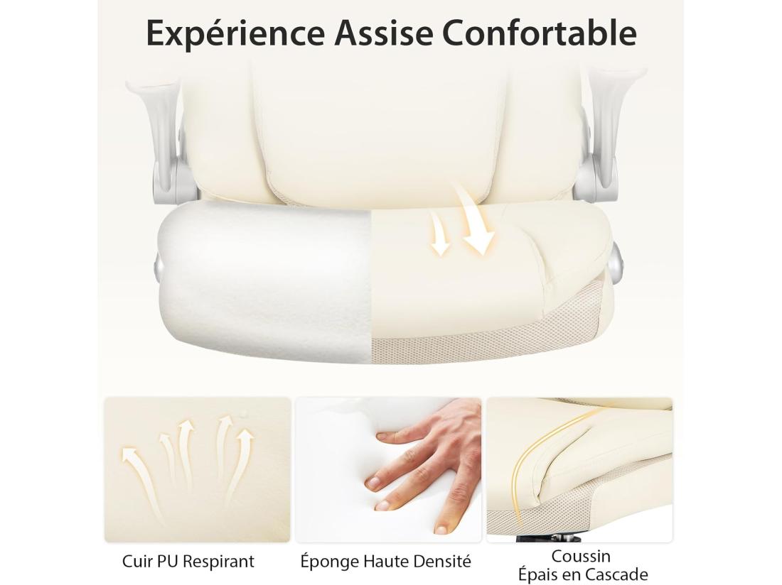 Vente Unique Fauteuil De Bureau Ergonomique Chaise De Bureau En Cuir PU à Bascule Hauteur Réglable Fauteuil De Gamer Chaise De Travail Pivotant Charge Maximale 160 Kg Blanc