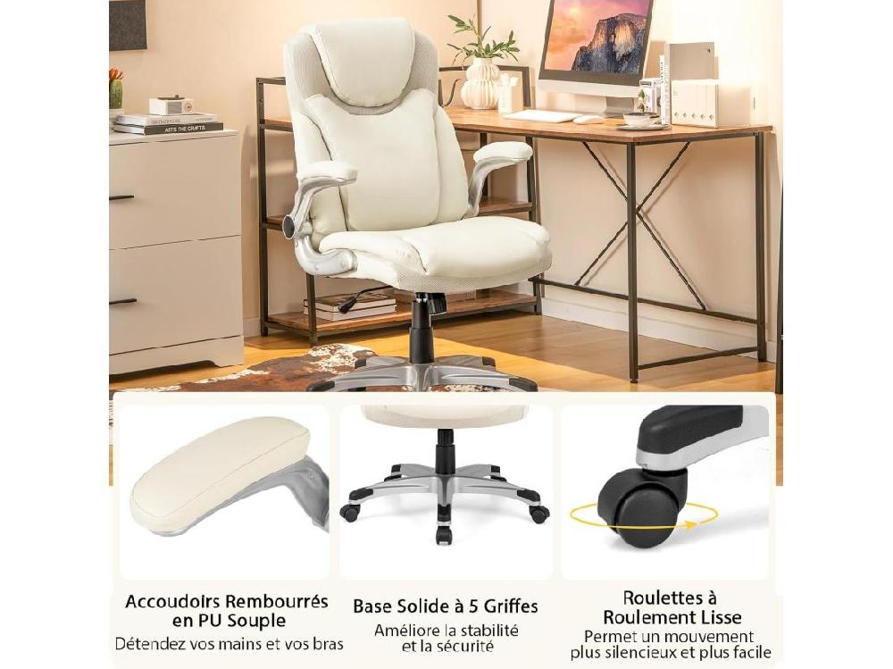 Vente Unique Fauteuil De Bureau Ergonomique Chaise De Bureau En Cuir PU à Bascule Hauteur Réglable Fauteuil De Gamer Chaise De Travail Pivotant Charge Maximale 160 Kg Blanc