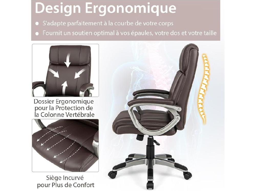 Vente Unique Fauteuil De Bureau Ergonomique Chaise De Bureau En Cuir PU à Bascule Hauteur Réglable Fauteuil De Gamer Chaise De Travail Pivotant Charge Maximale 160 Kg Marron