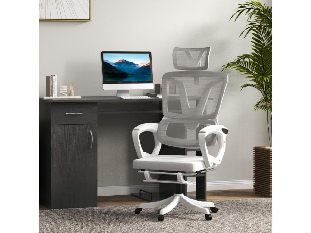 Vente Unique Fauteuil De Bureau Ergonomique Inclinable Réglable - Repose-pied Rétractable Support Lombaires Tétière Ajustable - Blanc Gris