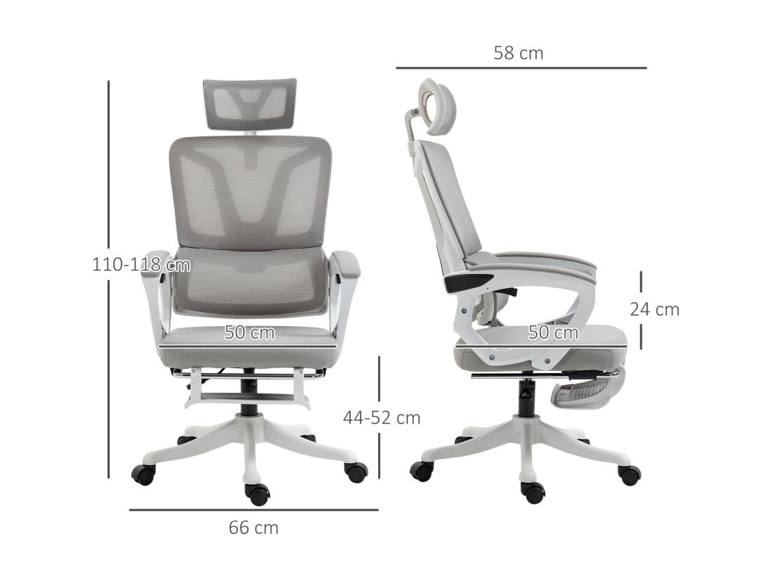 Vente Unique Fauteuil De Bureau Ergonomique Inclinable Réglable - Repose-pied Rétractable Support Lombaires Tétière Ajustable - Blanc Gris