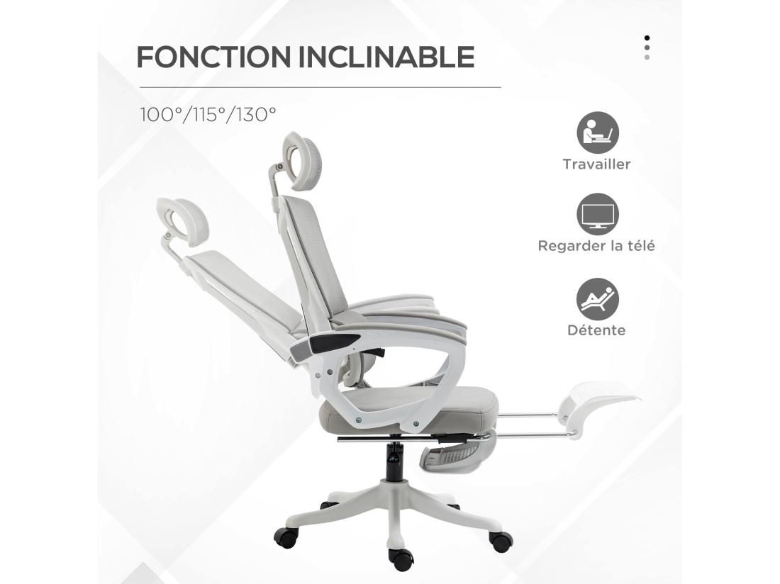 Vente Unique Fauteuil De Bureau Ergonomique Inclinable Réglable - Repose-pied Rétractable Support Lombaires Tétière Ajustable - Blanc Gris