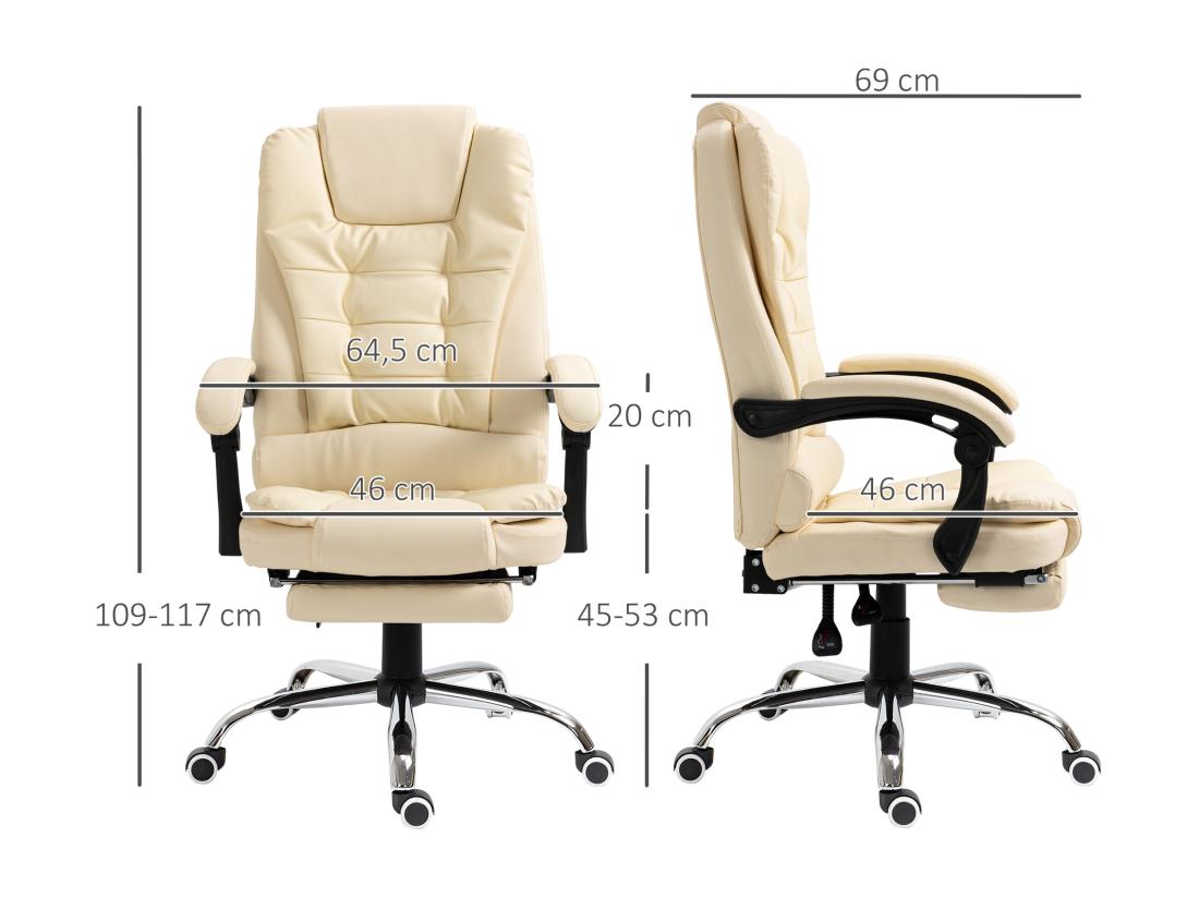 Vente Unique Fauteuil De Bureau Fauteuil Manager Grand Confort Réglable Dossier Inclinable Repose-pied Revêtement Synthétique Crème