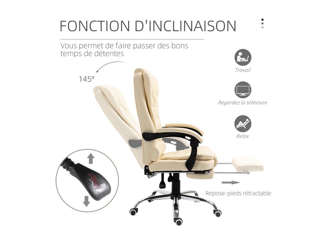 Vente Unique Fauteuil De Bureau Fauteuil Manager Grand Confort Réglable Dossier Inclinable Repose-pied Revêtement Synthétique Crème