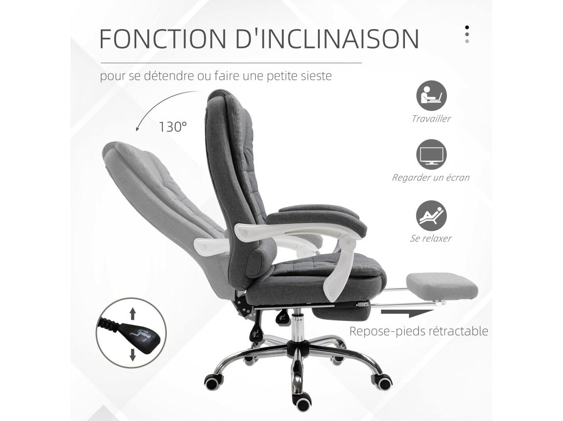 vente unique Fauteuil de bureau manager grand confort repose-pied dossier inclinable accoudoirs rembourrés tissu aspect lin gris