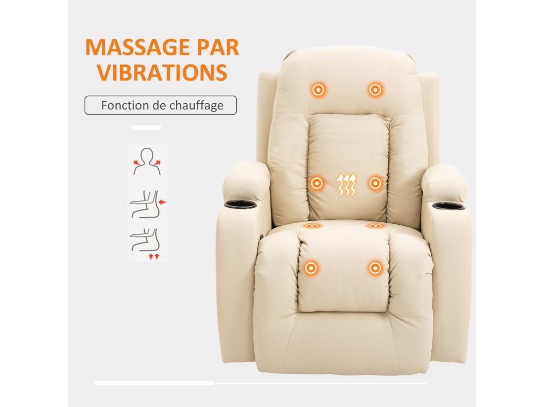 Vente Unique Fauteuil De Massage Et Relaxation électrique Chauffant Inclinable Manuellement Repose-pied Télécommande Crème