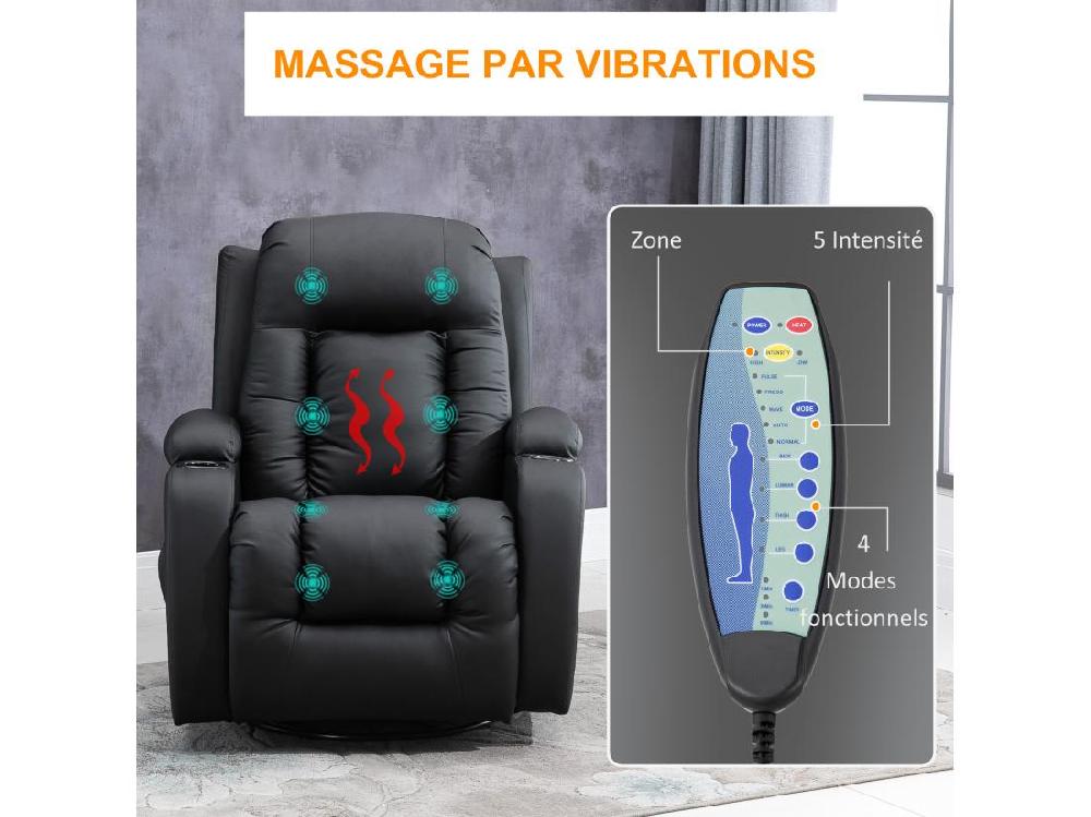 Vente Unique Fauteuil De Massage Et Relaxation électrique Chauffant Inclinable Manuellement Repose-pied Télécommande Noir