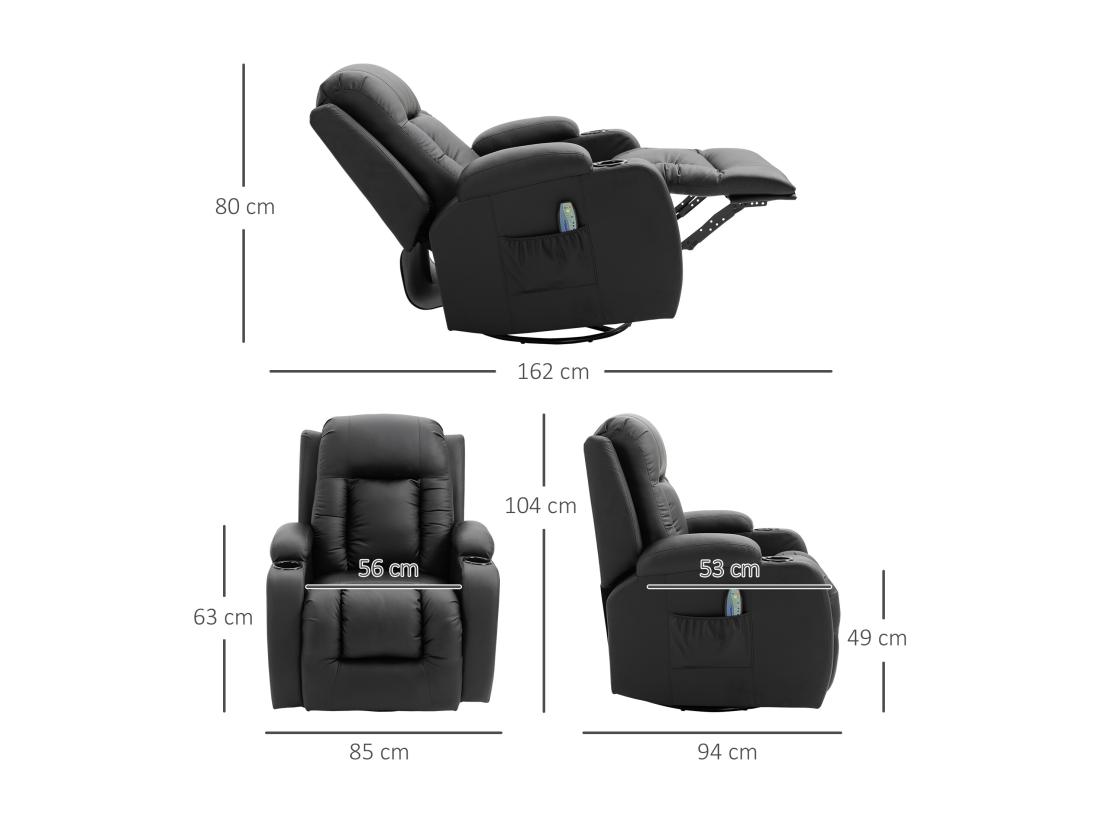 Vente Unique Fauteuil De Massage Et Relaxation électrique Chauffant Inclinable Manuellement Repose-pied Télécommande Noir