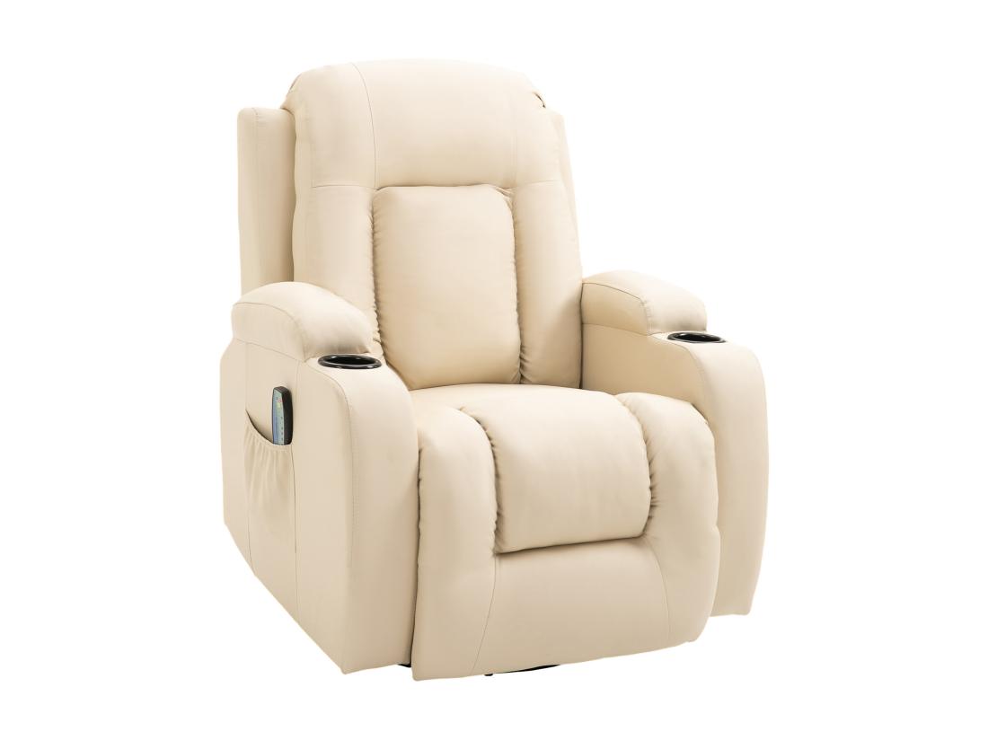 vente unique Fauteuil de massage et relaxation électrique chauffant inclinable manuellement repose-pied télécommande crème