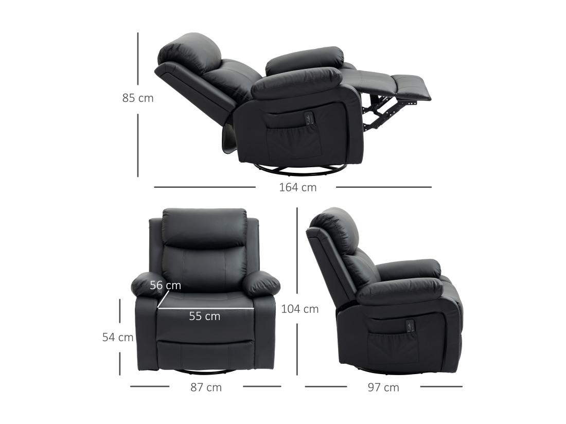 Vente Unique Fauteuil De Massage Et Relaxation électrique Inclinable Pivotant Repose-pied Télécommande Noir