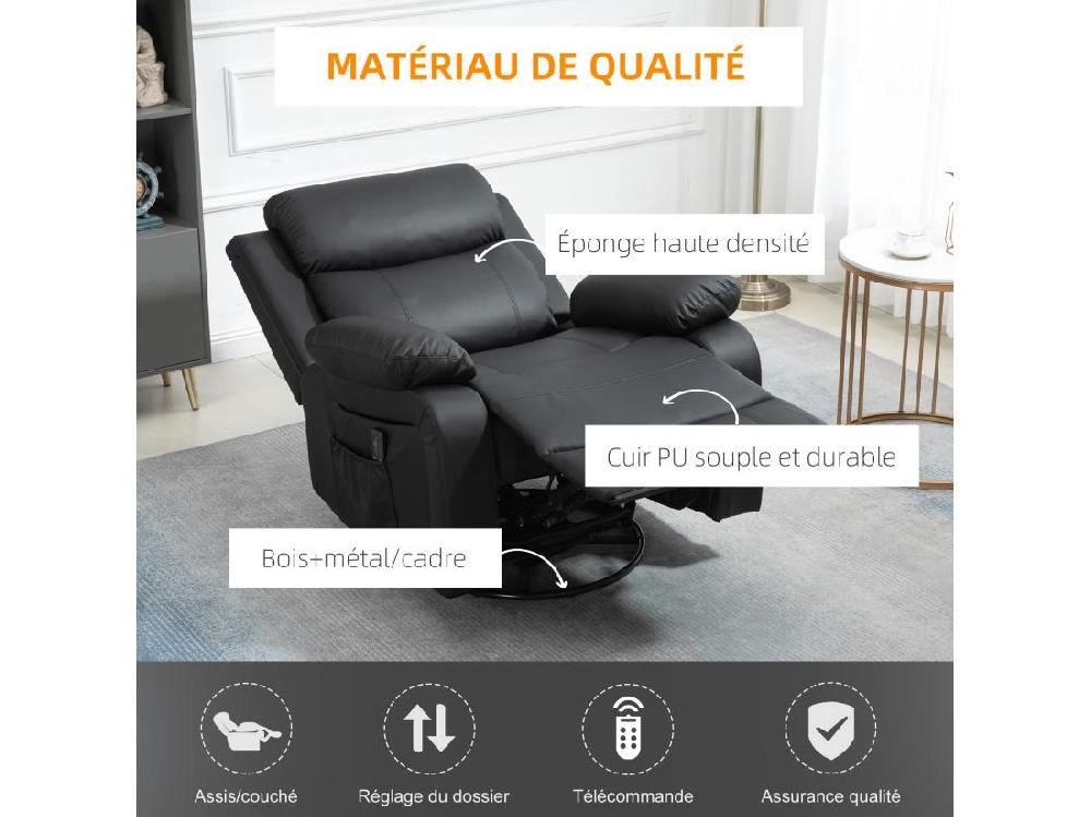 Vente Unique Fauteuil De Massage Et Relaxation électrique Inclinable Pivotant Repose-pied Télécommande Noir