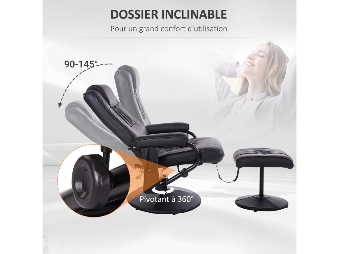vente unique Fauteuil de massage et relaxation électrique pivotant inclinable avec repose-pied revêtement synthétique noir