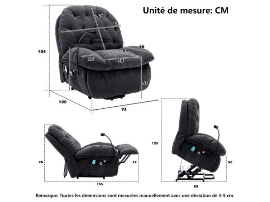 Vente Unique Fauteuil De Massage Releveur En Tissu Gris Avec Télécommande Chauffant Manuellement Repose-pied 4 Zones/5 Modes/3 Minuteur