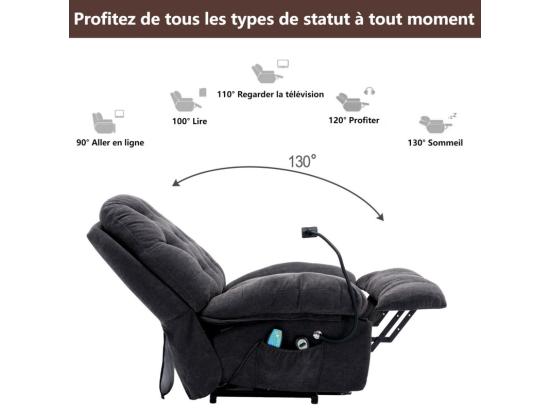 Vente Unique Fauteuil De Massage Releveur En Tissu Gris Avec Télécommande Chauffant Manuellement Repose-pied 4 Zones/5 Modes/3 Minuteur
